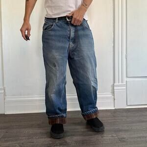 Vintage Thrashed Cabelas Blue Denim Plaid Flannel Lined Baggy Jeans
